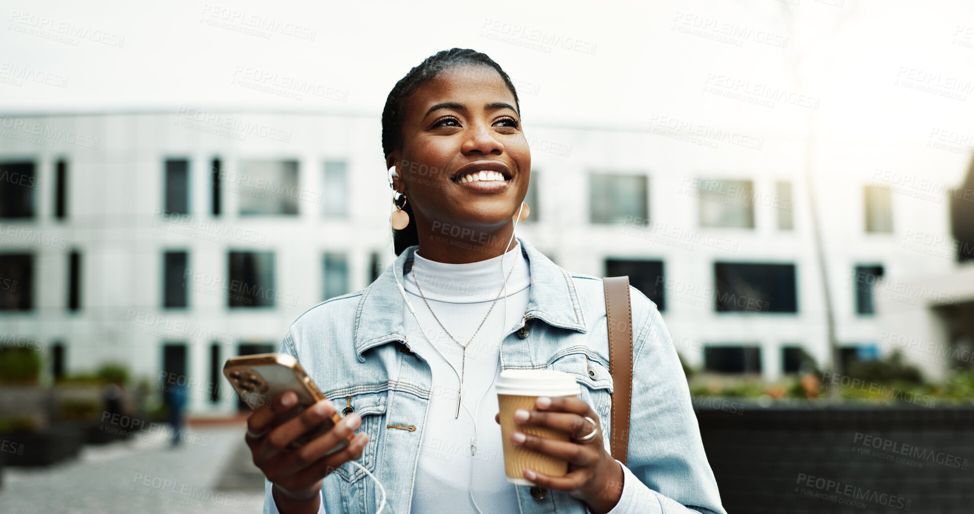 Buy stock photo Coffee, business and black woman in city with earphones for music, thinking and morning commute. Happy, travel and person walking with cellphone for streaming audio, podcast and playlist in town