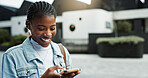 Happy woman, online and travel with phone in city, university student and check exam updates on web. Reading, message and black person with mobile for communication, outdoor and commuting to college