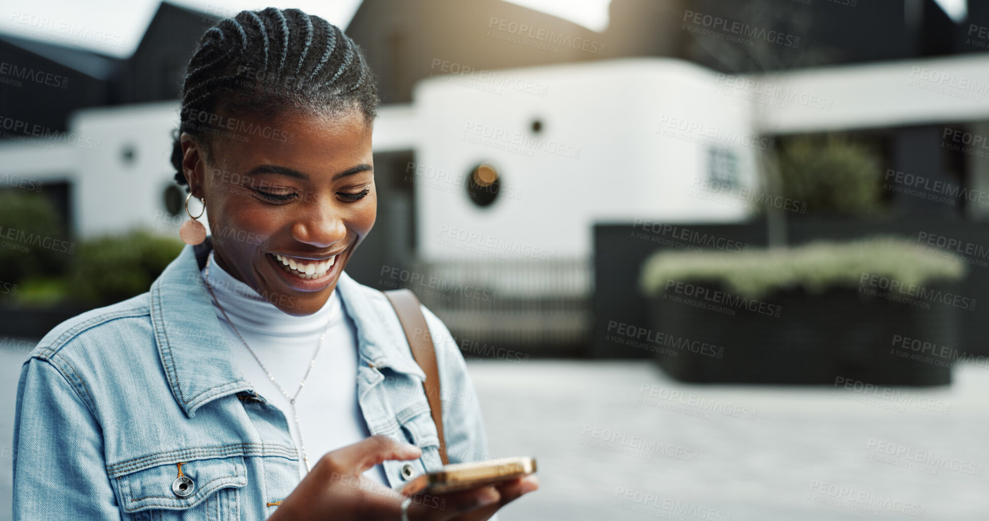 Buy stock photo Happy woman, online and travel with phone in city, university student and check exam updates on web. Reading, message and black person with mobile for communication, outdoor and commuting to college