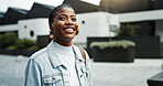Thinking, student and woman with smile in city, development and commuting to university on first day. Outdoor, education and black person with scholarship, travel and planning for academic growth
