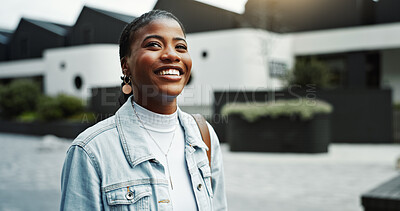 Buy stock photo Thinking, student and woman with smile in city, development and commuting to university on first day. Outdoor, education and black person with scholarship, travel and planning for academic growth