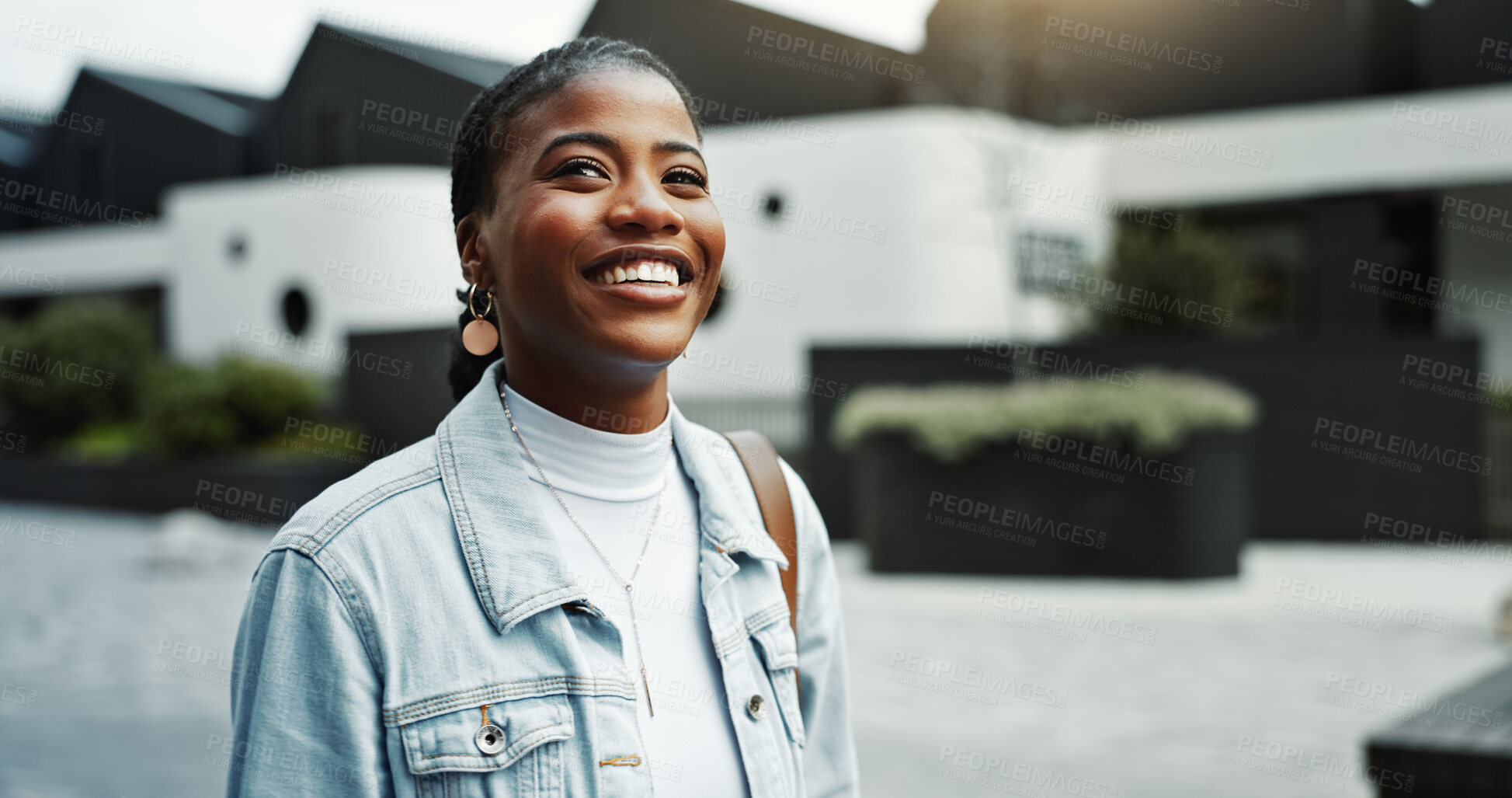 Buy stock photo Thinking, student and woman with smile in city, development and commuting to university on first day. Outdoor, education and black person with scholarship, travel and planning for academic growth