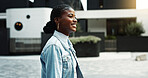 Student, walking and woman with smile in city, development and commuting to university on first day. Outdoor, education and black person with scholarship, travel and happy for academic decision