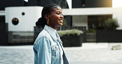Buy stock photo Student, walking and woman with smile in city, development and commuting to university on first day. Outdoor, education and black person with scholarship, travel and happy for academic decision
