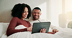 Relax, smile and couple with tablet in bed to watch movie, streaming service app and morning bonding. Tech, connection and happy people with film platform for online series, weekend break and home