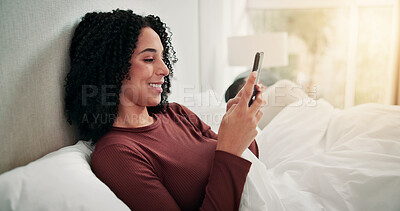 Buy stock photo Ignore, couple or woman with phone in bedroom, online dating website or morning chat for secret flirting. Smile, cheating partner or person with mobile for hidden affair, reading message or home