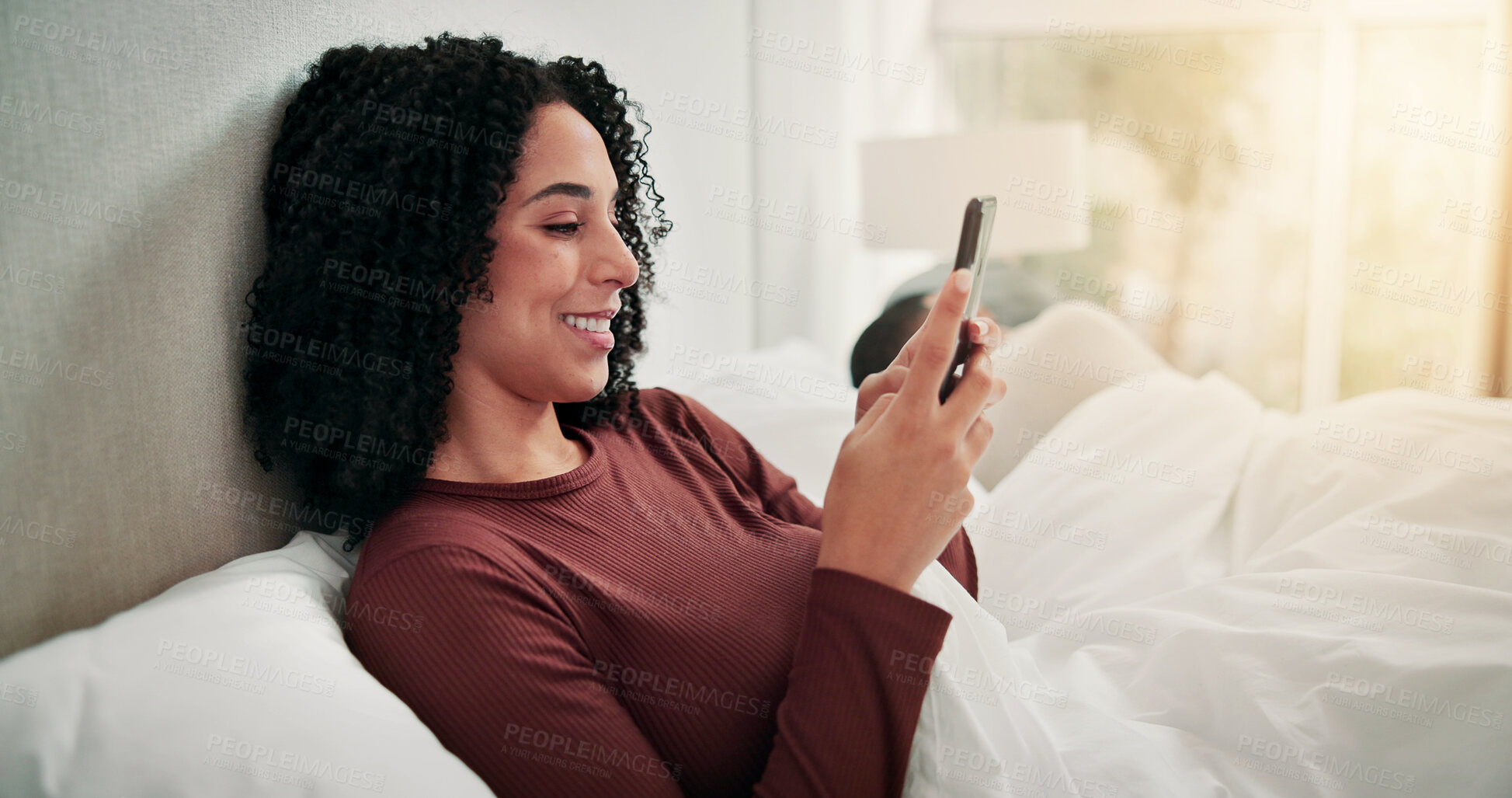 Buy stock photo Ignore, couple or woman with phone in bedroom, online dating website or morning chat for secret flirting. Smile, cheating partner or person with mobile for hidden affair, reading message or home