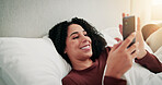 Ignore, couple and woman with mobile in bed, online dating website or morning chat for secret flirting. Smile, cheating partner and person with phone for relationship affair, reading message and home