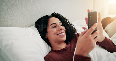 Buy stock photo Ignore, couple and woman with mobile in bed, online dating website or morning chat for secret flirting. Smile, cheating partner and person with phone for relationship affair, reading message and home