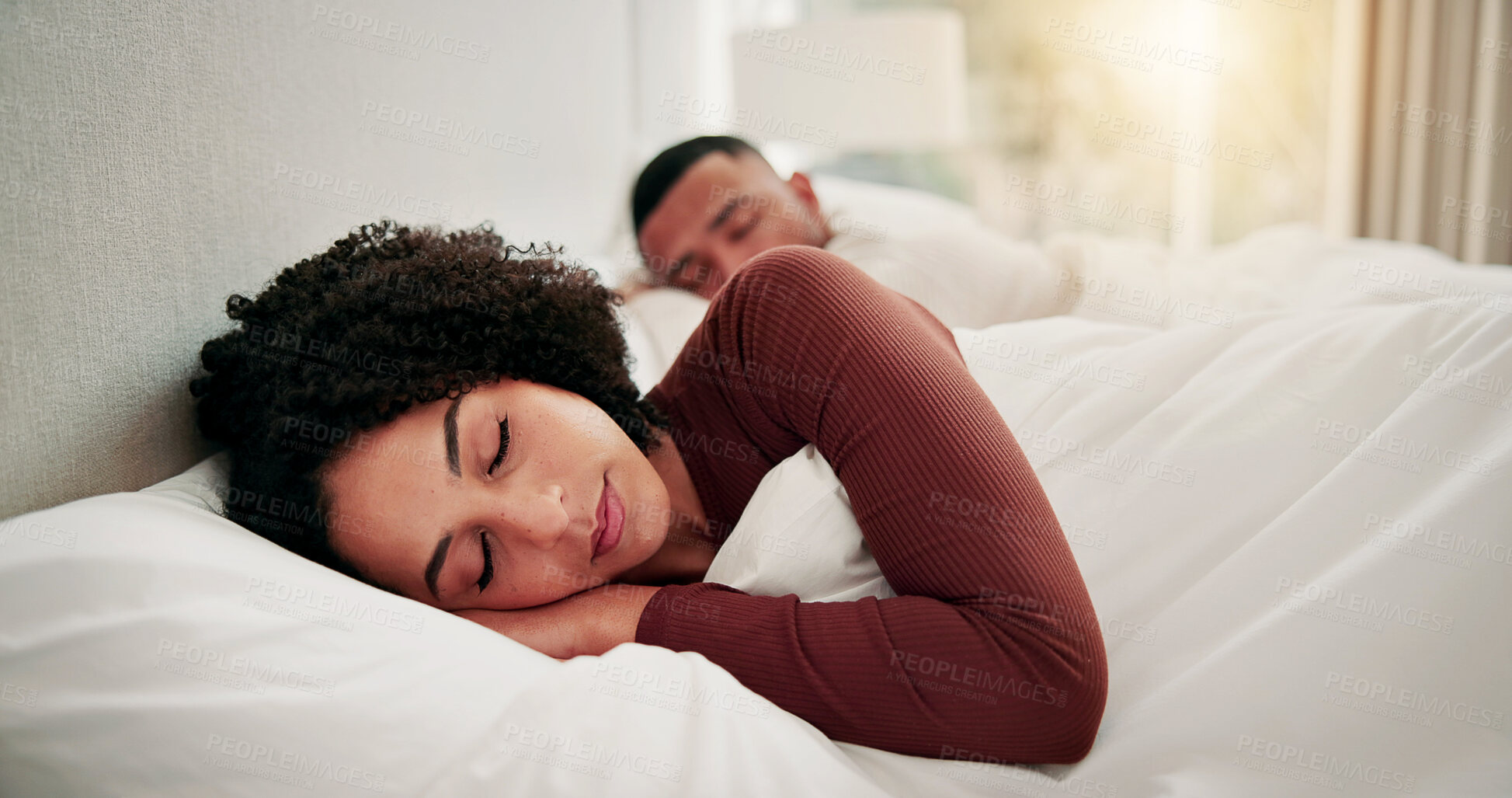 Buy stock photo Woman, man and sleeping in bed with peace, tired couple or tranquility for dreaming together in home. Exhausted, married people and calm in house with comfortable rest, wellness or lazy weekend break