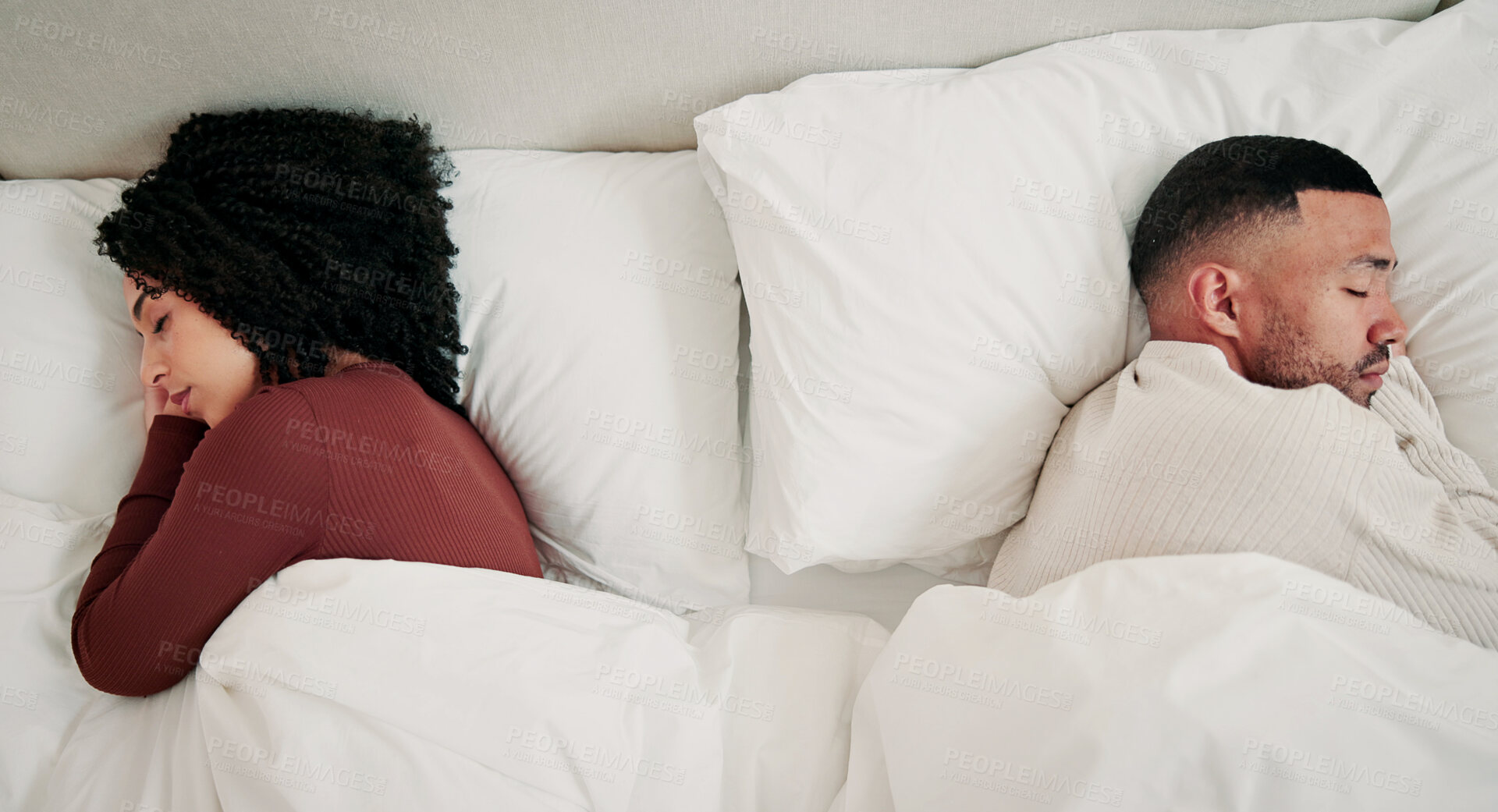 Buy stock photo Sleeping, fight and above of couple in bed with conflict, relationship fail and separation. Home, marriage and man with woman in bedroom for resting, nap and ignore for problem, issue and argument