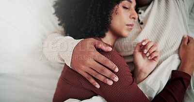 Buy stock photo Woman, couple and sleeping in bed with cuddle, embrace and dreaming for bonding together in house. Exhausted, married people and comfortable rest in home with hug, wellness or relationship commitment