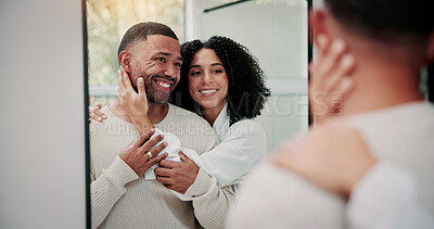 Buy stock photo Couple, smile and mirror in bathroom with hug, wellness and bonding together for grooming in home. Happy, married people and morning routine in house with embrace, reflection or healthy relationship.