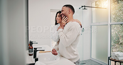 Buy stock photo Couple, smile and wellness in bathroom with hug, support and bonding together for beard grooming. Happy, married people and morning routine in home with embrace, skincare help or healthy relationship