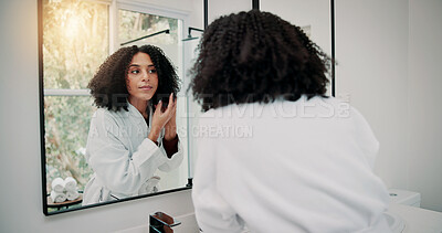 Buy stock photo Woman, grooming or mirror with haircare in bathroom for hair treatment, hygiene or spa day. Female person, shower or hairstyle with reflection or beauty cosmetics for curls or morning routine in home