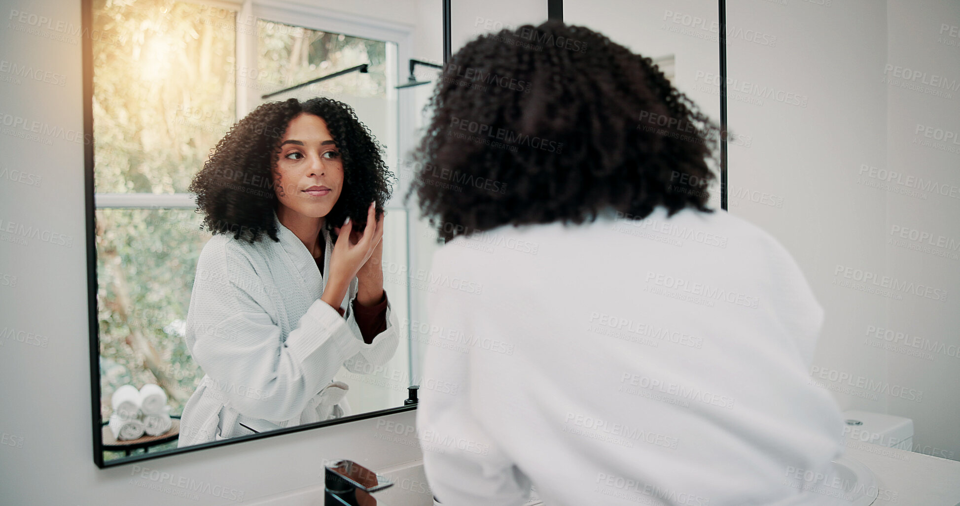 Buy stock photo Woman, grooming or mirror with haircare in bathroom for hair treatment, hygiene or spa day. Female person, shower or hairstyle with reflection or beauty cosmetics for curls or morning routine in home