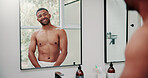Mirror, wellness and happy man in bathroom, fitness and confident for muscle growth and bodybuilding. Bodybuilder, reflection and person with smile for bicep development, home and morning routine