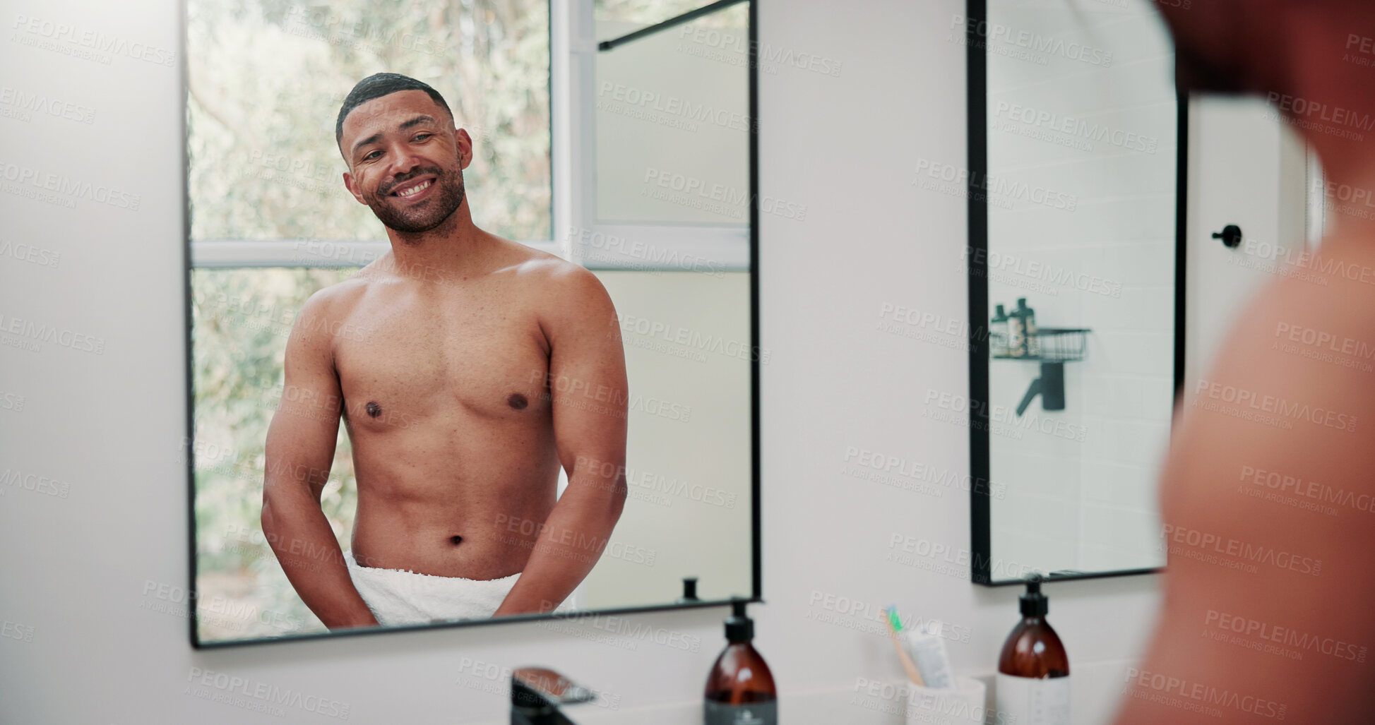 Buy stock photo Mirror, wellness and happy man in bathroom, fitness and confident for muscle growth and bodybuilding. Bodybuilder, reflection and person with smile for bicep development, home and morning routine