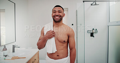 Buy stock photo Happy man, portrait and shower with towel in bathroom for hygiene, grooming or cleanliness in home. Male person, skincare or shirtless with smile for morning routine, health or wellness in house