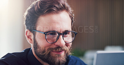 Buy stock photo Businessman, smile or reading in office with tech, stock trading report or check sale of company shares. Happy, person and monitor equity in firm with website, glasses or investment portfolio growth.