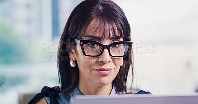 Buy stock photo Businesswoman, reading and smile in office with laptop, review press release and brand management. Mature person, planning and online campaign in agency with computer, glasses and public relations.
