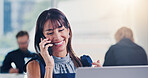 Smile, business and woman with phone call in office for good news, property sale and real estate. Happy, realtor and coworking with laptop, mobile discussion and contact buyer for listing achievement