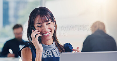 Buy stock photo Smile, business and woman with phone call in office for good news, property sale and real estate. Happy, realtor and coworking with laptop, mobile discussion and contact buyer for listing feedback
