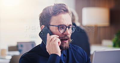 Buy stock photo Serious, phone call and businessman with laptop in office, recruiting or communication for job offer. HR, talking and reading resume on website, vacancy and person with mobile for interview schedule