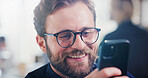 Happy, businessman and typing with phone in office for social media, communication or network. Man, employee or research with smile, glasses or mobile smartphone for online texting or chatting app