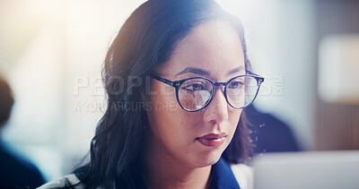 Buy stock photo Businesswoman, research or reading in office with tech, stock trading and review investment portfolio. Person, problem solving and monitor equity with glasses, online and website for capital funding.
