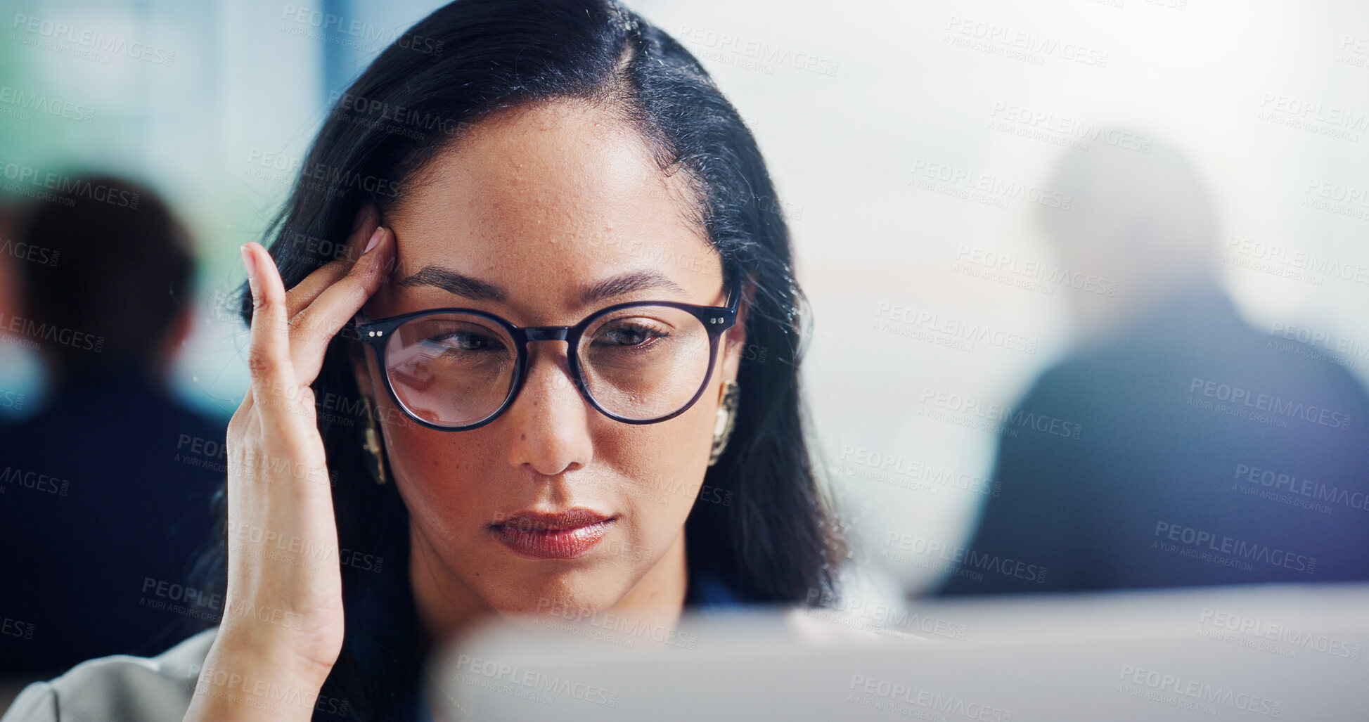 Buy stock photo Laptop, reading and business woman with headache, financial stress and eye strain in workplace. Migraine, computer and accountant in office with pain, wrong prescription glasses and audit fatigue