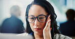 Laptop, reading and business woman with migraine, financial stress and eye strain in workplace. Headache, computer and accountant in office with tax error, wrong prescription glasses or audit fatigue