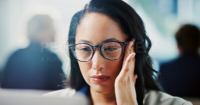 Buy stock photo Laptop, reading and business woman with migraine, financial stress and eye strain in workplace. Headache, computer and accountant in office with tax error, wrong prescription glasses or audit fatigue