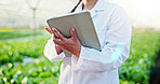 Agriculture, scientist or hands with tablet in greenhouse, plant genetics research or gmo production. Farming, biology or person with innovation for food security, tech or crop development report