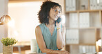 Business, phone call and woman with smile for networking, contact and administration in agency. Booking, consultant or receptionist with tech for conversation, schedule planning or chat in office