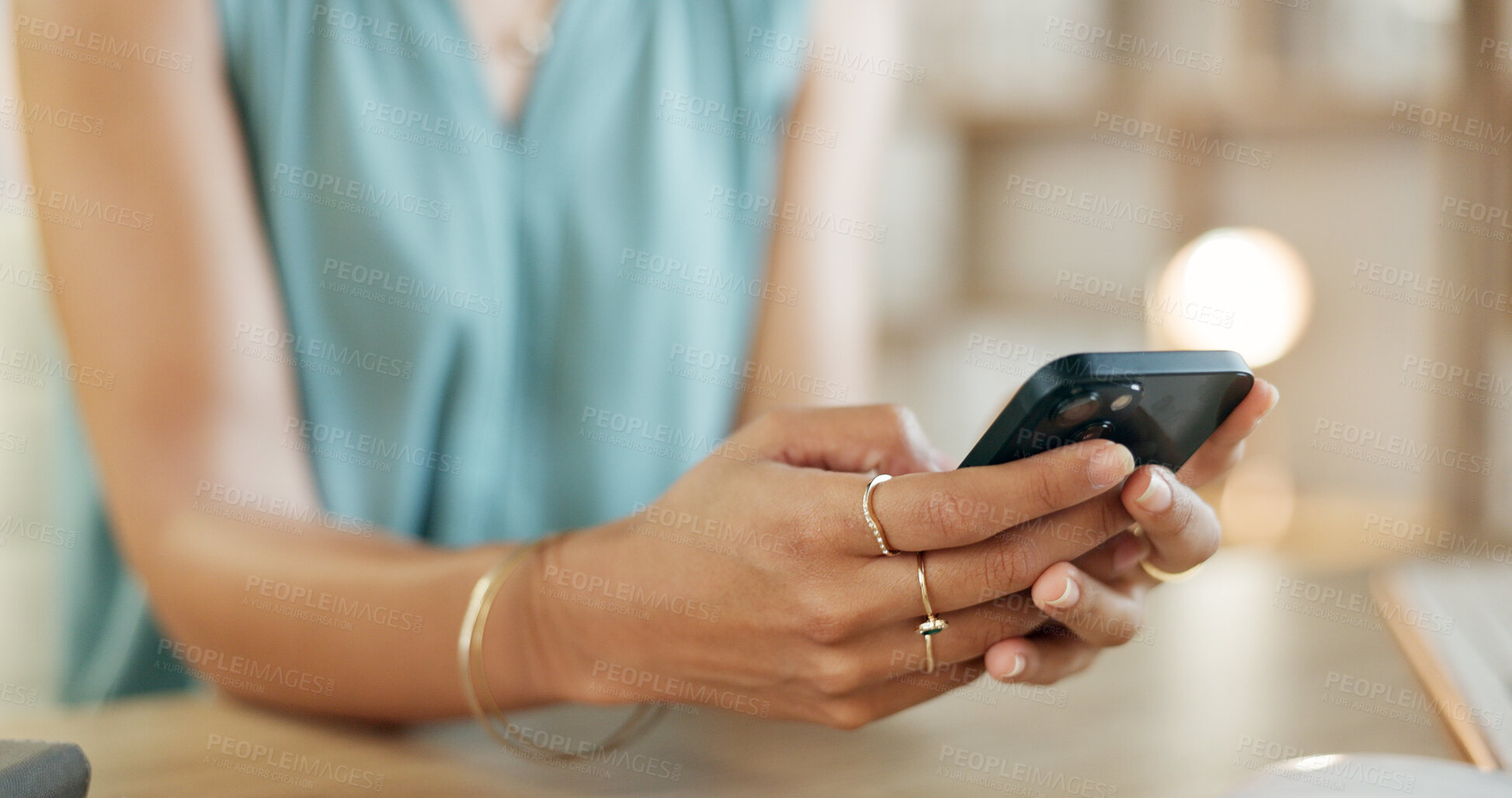 Buy stock photo Hands, phone and woman with typing for networking, contact and administration in agency. Booking, consultant or receptionist with tech for message, schedule planning or social media in office