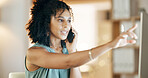 Business, phone call and woman with computer for networking, contact and administration in agency. Booking, consultant or receptionist with tech for conversation, schedule planning or chat in office
