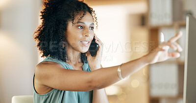 Buy stock photo Business, phone call and woman with computer for networking, contact and administration in agency. Booking, consultant or receptionist with tech for conversation, schedule planning or chat in office