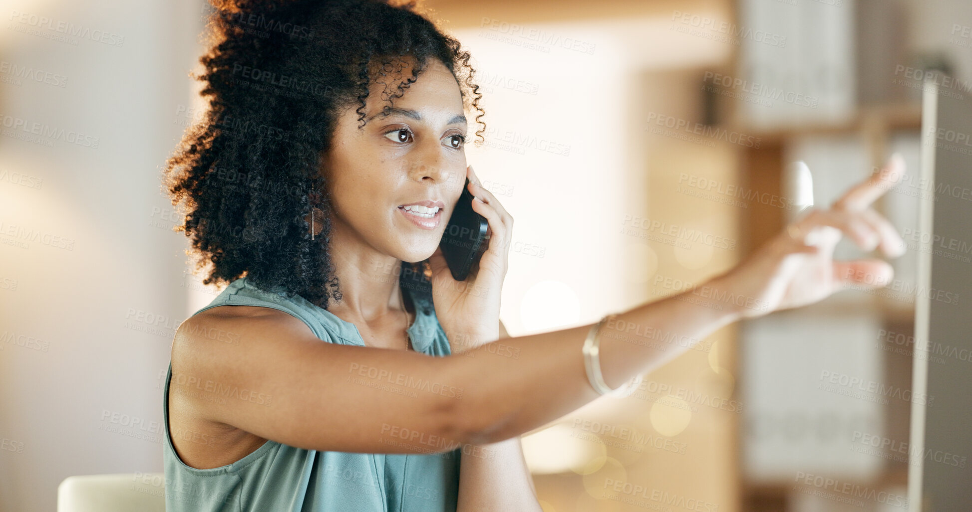 Buy stock photo Business, phone call and woman with computer for networking, contact and administration in agency. Booking, consultant or receptionist with tech for conversation, schedule planning or chat in office