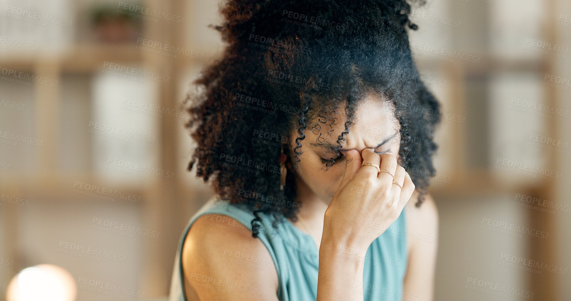 Buy stock photo Woman, headache and frustrated with stress for mistake, inflammation or burnout in office. Pressure, female person or employee with migraine, strain or fatigue with deadline for administration agency