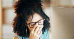 Woman, headache and pressure with stress for mistake, inflammation or burnout in office. Frustrated, female person and tech with migraine, strain or fatigue with deadline for administration agency