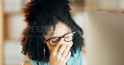 Buy stock photo Woman, computer and glasses with stress for headache, inflammation or burnout in office. Frustrated, female person and tech with migraine, eye strain or fatigue for deadline in administration agency