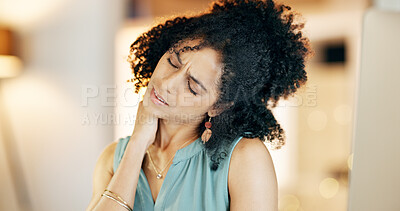 Buy stock photo Woman, neck pain and frustrated with stress for muscle tension, inflammation or burnout in office. Injury, female person or employee with sore ache, strain or fatigue from bad posture at workplace
