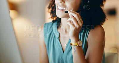 Buy stock photo Hands, business and woman with headset at call center for customer service, online query and advice. Smile, agent or consulting with mic, client support and crm representative of technical assistance