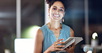 Night, portrait and woman in office with tablet, smile and deadline for digital marketing project. Late, female person and happy in business with tech, internet and research for advertising campaign.