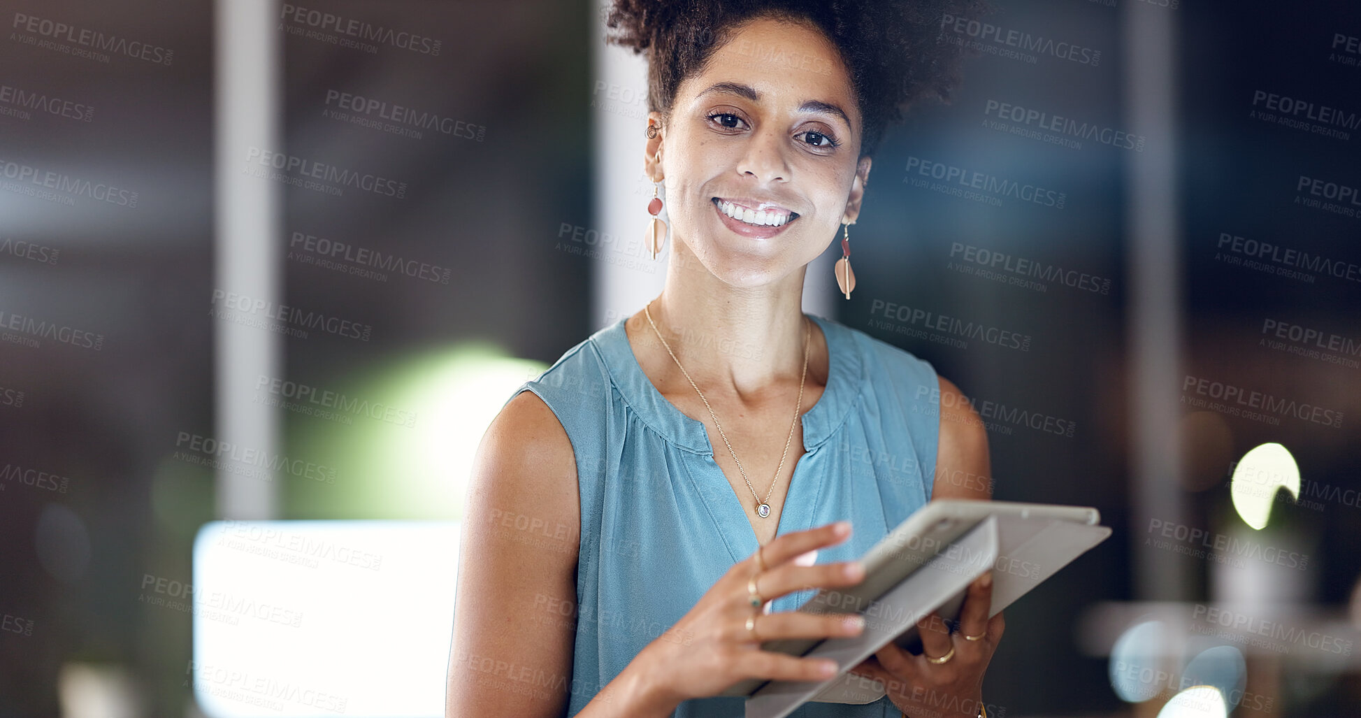 Buy stock photo Night, portrait and woman in office with tablet, smile and deadline for digital marketing project. Late, female person and happy in business with tech, internet and research for advertising campaign.