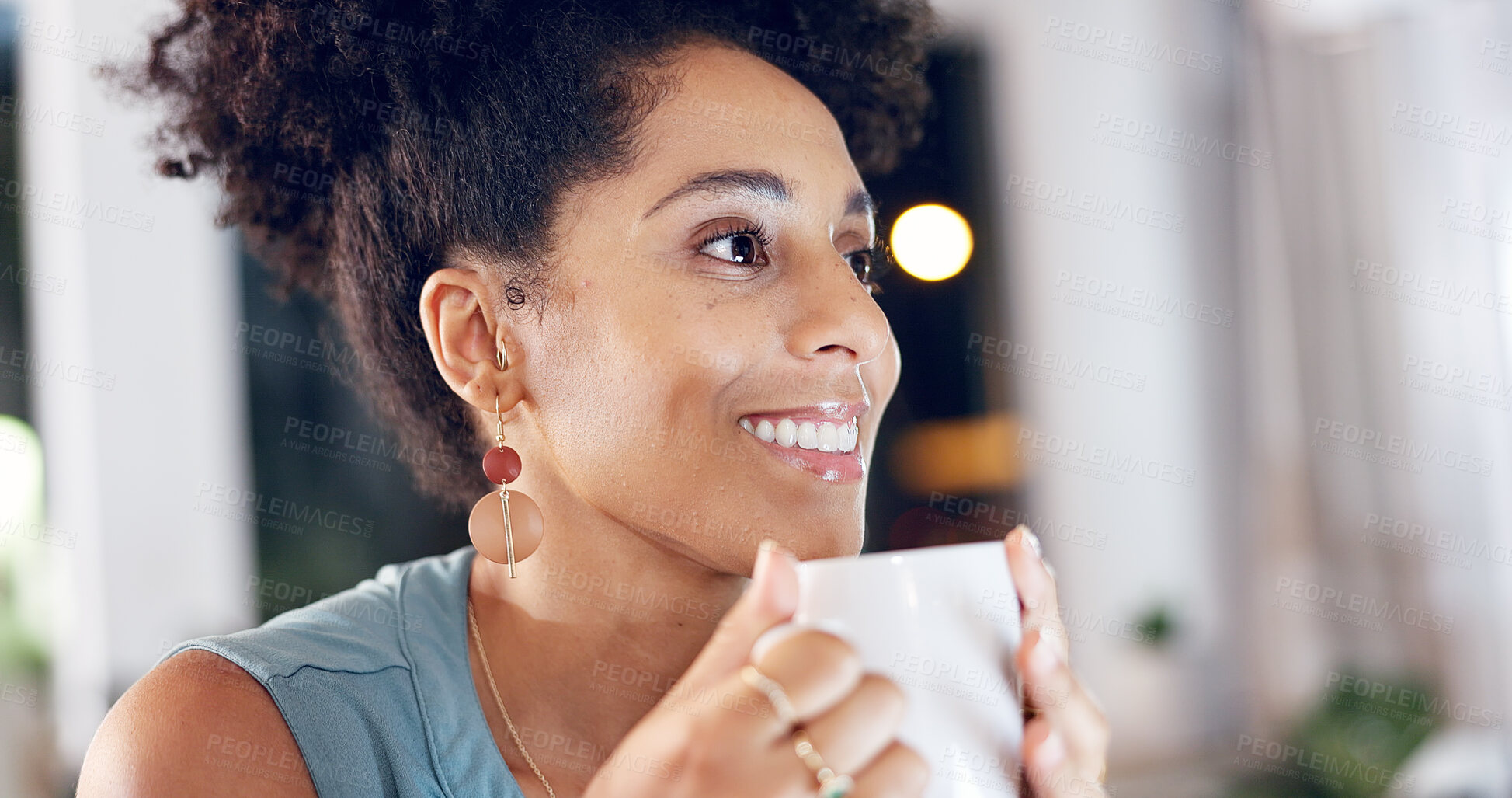 Buy stock photo Thinking, night and woman in house with coffee, calm and mindfulness on weekend break. Chill, reflection and female person in home with warm beverage, mindset and peaceful perspective in evening.