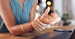 Hands, business and woman in office, wrist pain and discomfort with laptop, joint injury and sore. Employee, pc and person in workplace, nerve tension and carpal tunnel syndrome with strain and ache