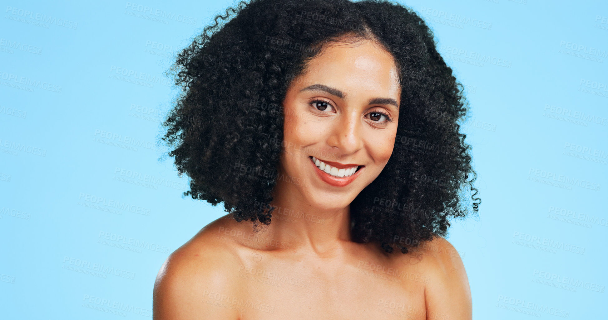Buy stock photo Portrait, smile and woman in studio, cosmetics and dermatology on blue background. Happy, aesthetic and person with wellness, shine and beauty for healthy skin, glow and grooming with skincare