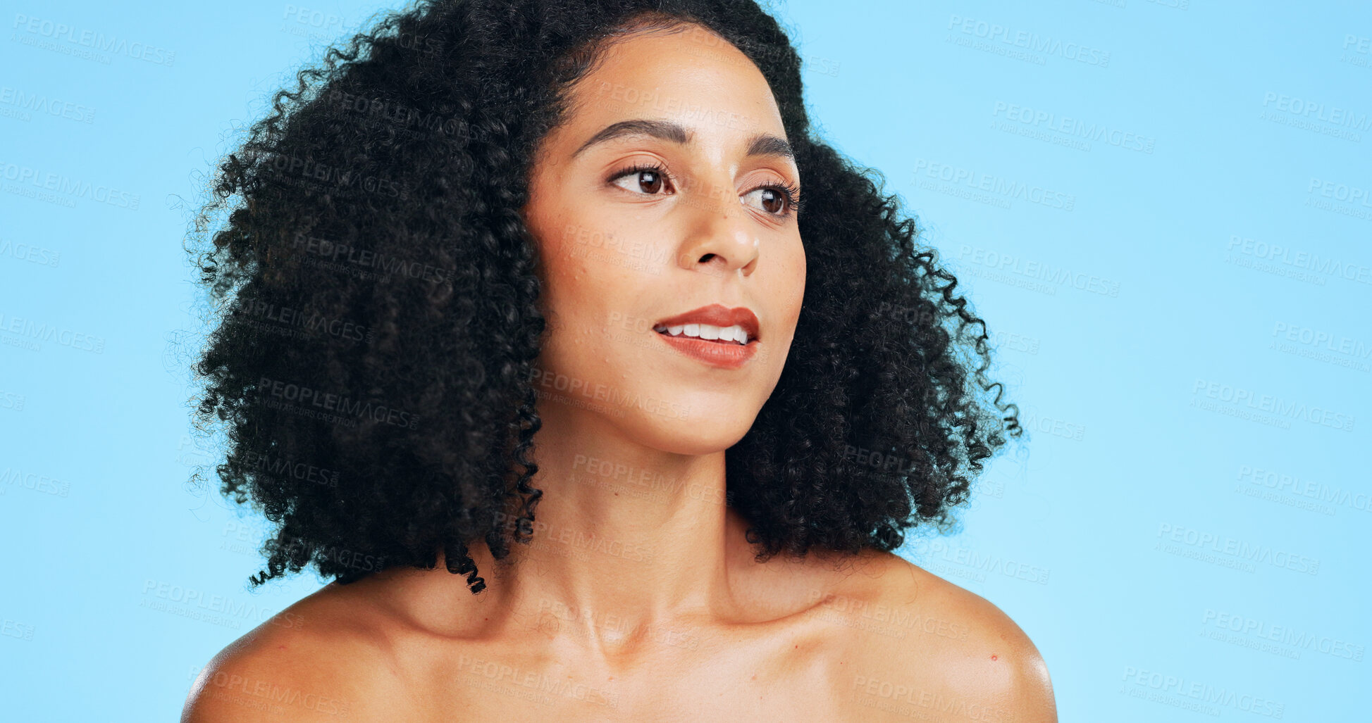 Buy stock photo Thinking, beauty and woman in studio with space for makeover, cosmetics and spa aesthetic for glow. Cosmetology, thoughtful and person with makeup, salon and grooming for shine on blue background